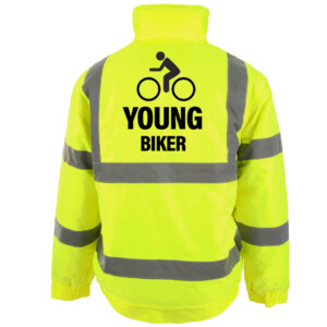Young biker yellow bomber jacket hi vis