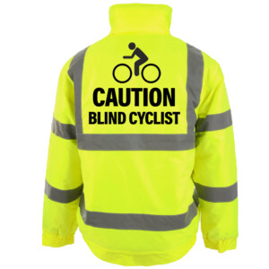 Caution blind cyclist yellow bomber jacket hi vis