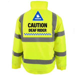 Ridercam caution deaf rider yellow hi vis bomber jacket