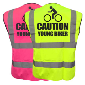 Caution young biker hi vis vest