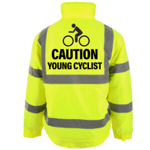 Caution young cyclist yellow bomber jacket hi vis