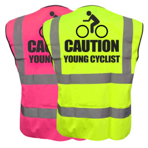 Caution young cyclist hi vis vest
