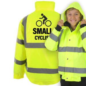 Small cyclist yellow bomber jacket hi vis