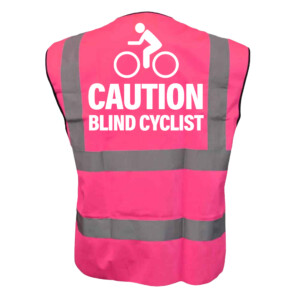 Caution blind cyclist pink hi vis vest